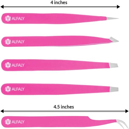 Alfaly Tweezers Set - Professional Stainless Steel 5-Piece Precision Tweezer for Men & Women - Great for Facial Hair Removal, Eyebrow Shaping, Splinters & Ingrown (Pink)