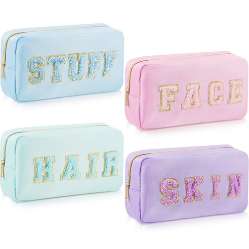 4 Pcs Travel Toiletry Bags for Women Preppy Makeup Bags Organizer Face Skin Hair Stuff Chenille Letter Pouch with Zipper Aesthetic Waterproof Skin care Hair Bag for Women Gifts