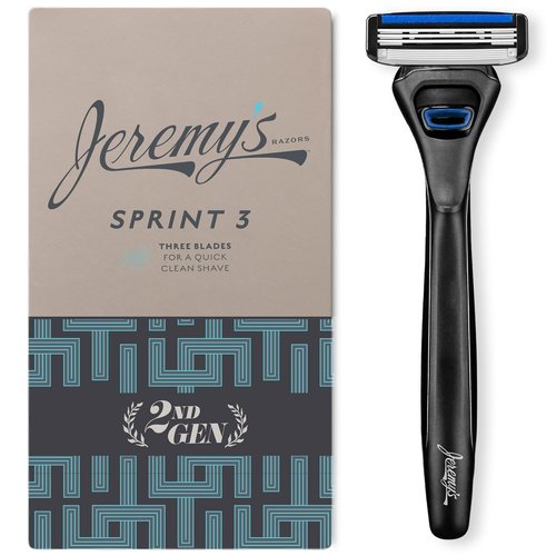 Jeremy's Razors for Men: Sprint 3 Blade Razor - Stainless Blades, Lubricating Strip, Precision Trimmer - Men's Shaving Essentials Kit, Travel Shaver Face Body Head Shavers (1 Razor 1 Cartridge)