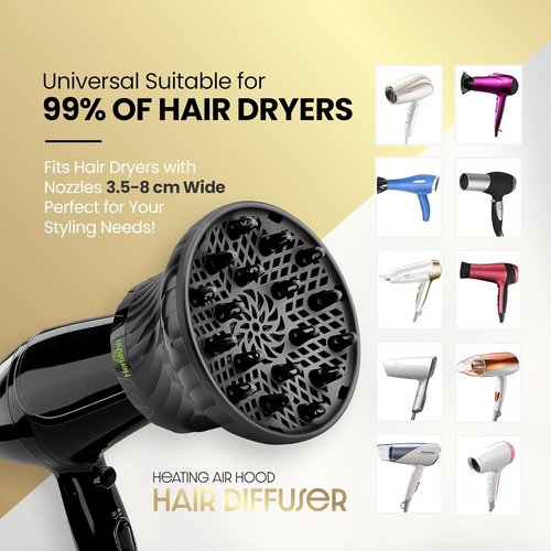 Herbishh Hair Dryer Diffuser - Universal Fit for Curly & Wavy Hair | Reduces Frizz & Adds Volume, Adjustable 3.5-8 cm (Black)