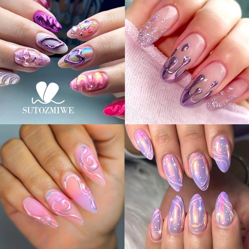 SUTOZMIWE 3D Nail Gel and Chrome Nail Powder Kit: 10g Sculpting Gel for Nail Art Metallic Mirror Effect Pigment Aurora Pearl Chrome Powder for Home DIY Salon Use (Purple)
