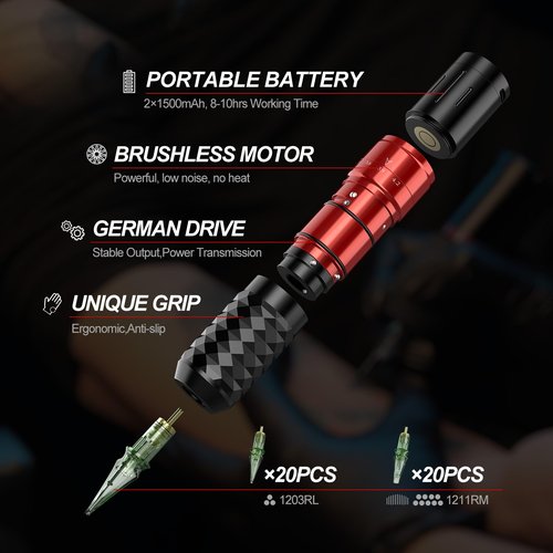 Tattoo Gun,Solong Tattoo Gun Kit Professional 2 Batteries 7 Strokes Wireless Tattoo Kit 6500Rpm Brushless Motor Digital LED Display Tattoo Machine with 20Pcs Tattoo Needles SLE75KIT-1-US