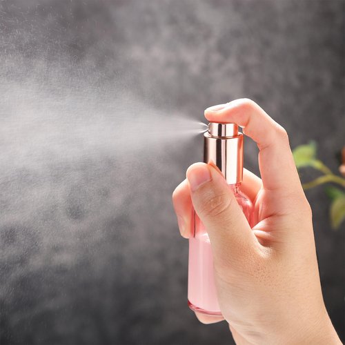 RAMFIYN 24 pack 10ml Pink Glass Spray Bottles Refillable Empty Perfume Pump Sprayer Mini Fine Mist Atomizer with Rose Gold Lid for Body Essential Oils