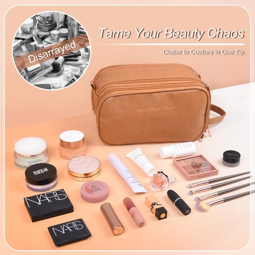 Live Saft Super Travel Makeup Bag - Large Capacity Cosmetic Bags For Women Portable Opening Travel Toiletry Bags, Waterproof PU Leather Pouch Open Flat Makeup Organizer With Handle and Divide Brown