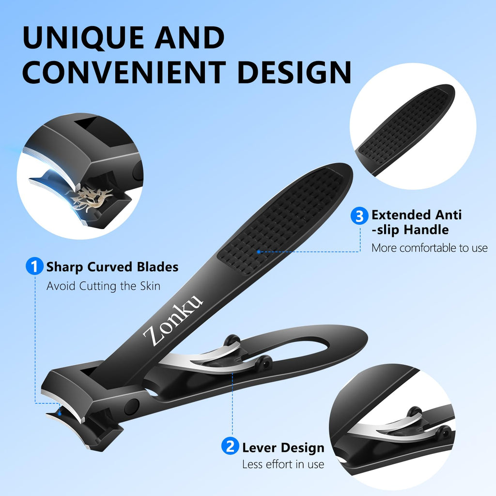 Zonku Toenail Clippers for Seniors Thick Nails,Ultra Wide Jaw Angled Head for Large Toe Nail Clippers for Men Women, Heavy Duty Stainless Steel with Long Handle Cutter,Nail File(Black)