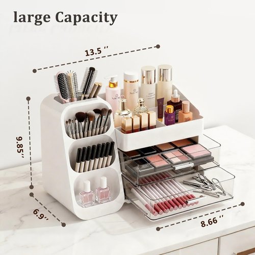 ShinyDew Makeup Organizer with Brush Holder for Vanity, Spacious Cosmetic Display Case with 2 Drawers, The Perfect Bathroom Vanity Organizer for Beauty Essentials, Skincare, Lipsticks