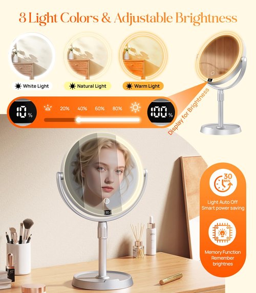 Gospire Plastic Frame 8" Lighted Makeup Mirror with Lights and Magnification, 20X Magnifying Mirror with Light for Makeup Desk, Height Adjustable and Digital Display, Shaving Mirror for Bathroom