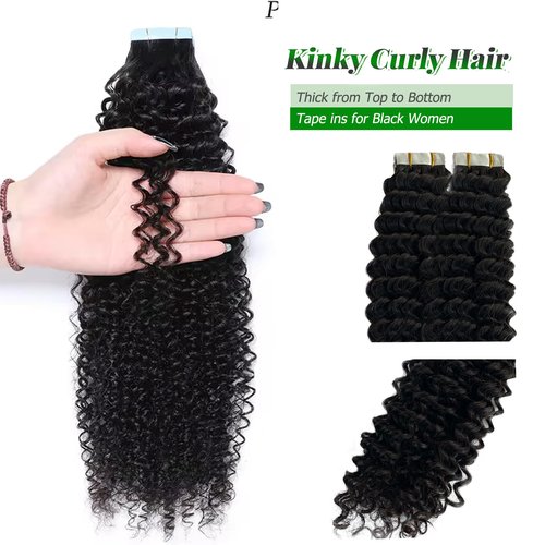 Kinky Curly Tape in Hair Extensions Human Hair, Natural Black Real Human Hair Tape ins for Black Women Double Sided 14 Inch Kinky Curly Hair Tape in Extensions 50g 20pcs