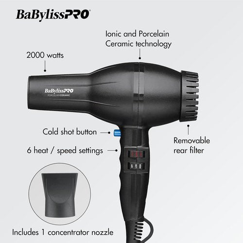 BaBylissPRO Hair Dryer - Porcelain Ceramic Technology for Fast Drying | Lightweight & Powerful