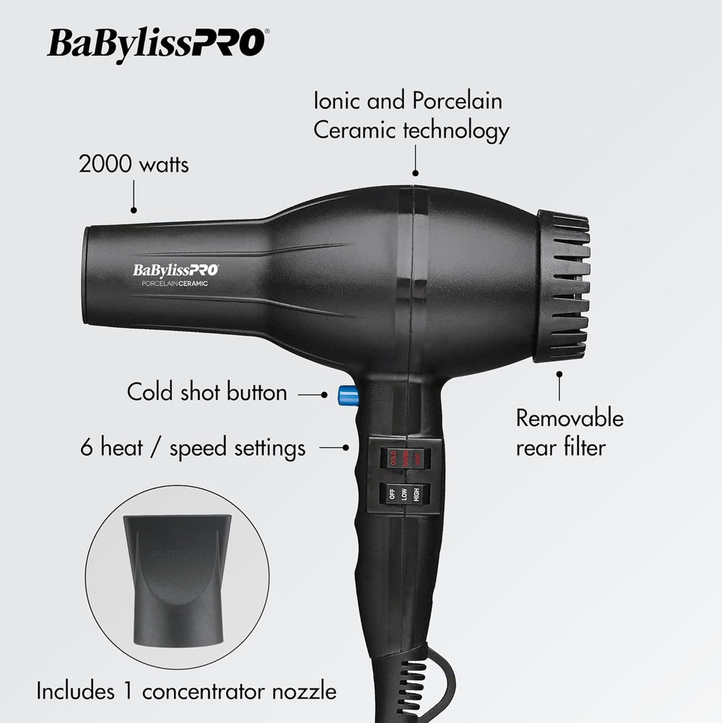 BaBylissPRO Porcelain Ceramic 2800 Hair Dryer - Fast Drying, Sleek Design, Lightweight