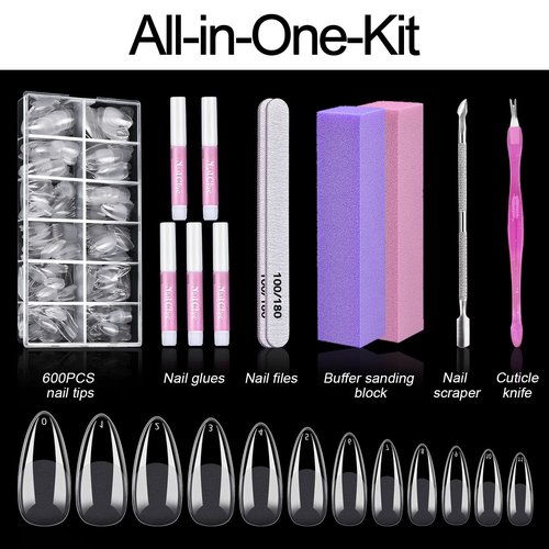 Almond Nail Tips, MORGLES 600Pcs Long-Lasting Soft Gel Nail Tips Medium Full Cover, 12 Sizes with Glue, Files and Cuticle Fork