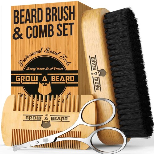 Beard Brush Kit, Comb and Brush Set for Men - Natural Boar Bristle Brush, Dual Action Wood Comb