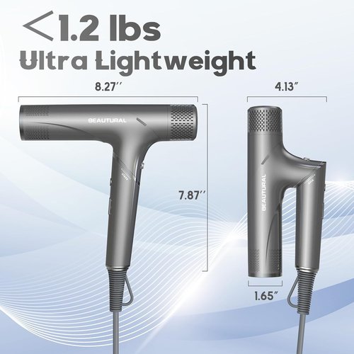 Beautural Hair Dryer - 1600W High-Speed Foldable Travel Blow Dryer | Fast Drying & Frizz Control, Gray