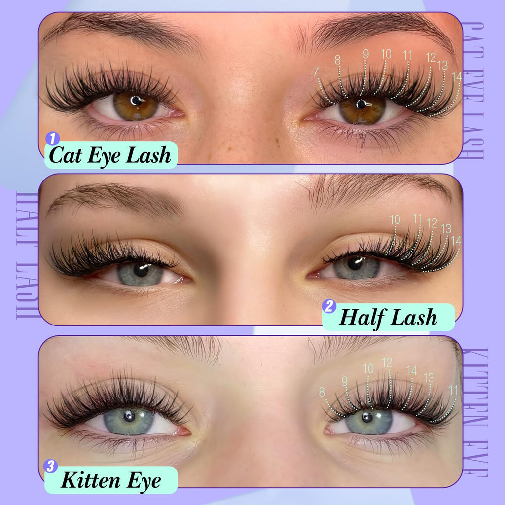 Yawamica Natural Lash Clusters Short Cat Eye Lash Extension 7-14mm Wispy Eyelash Clusters C Curly Individual Lashes Pre-mapped Left Right Cluster Eyelash Extensions DIY Lash Natural Look