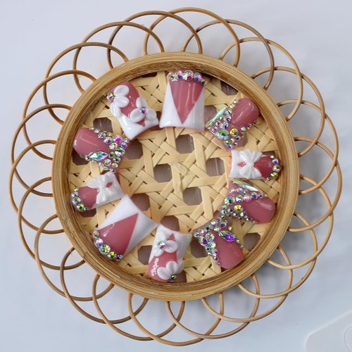 10Pcs Short Duck Press on Nails Handmade Fake Nails French Tip False Nails with 3D Flower Bow Rhinestone Design Handmade Acrylic Nails Press onsSpring Summer Flower Stick on Nail for Women (M)