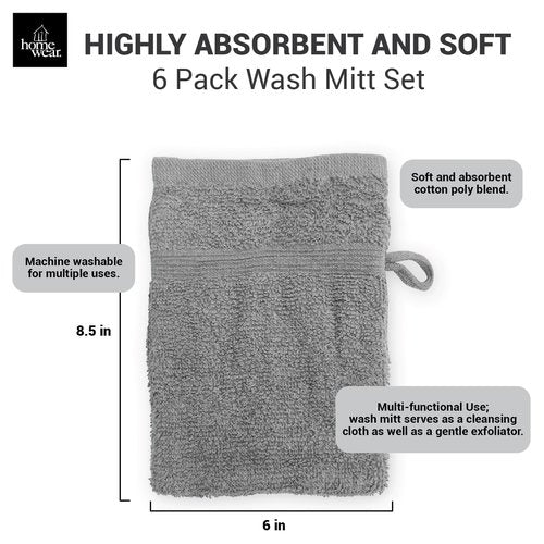 Homewear High Rise Stripe 6 Pack 6 x 8.5 Wash Mitt Set, Low Twist, Highly Absorbent, Gentle Hand and Face Cloth, European Style with Loop, Grey