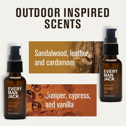 Every Man Jack Beard Oil - Aged Bourbon & Sandalwood Scent - Deep Moisturization & Natural Shine - 1 fl oz (2 Pack)