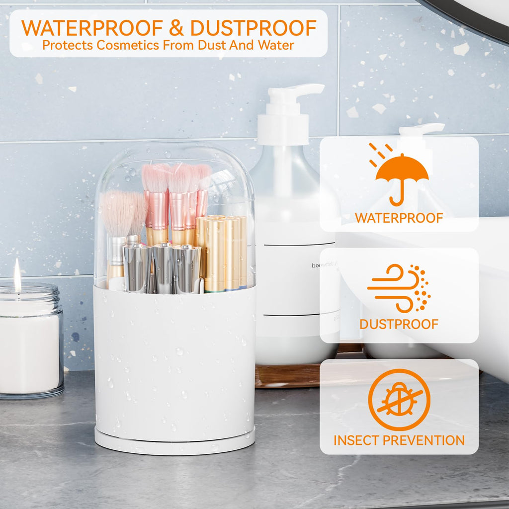 Yieach Rotating Acrylic Makeup Brush Holder with Lid for Vanity,Bathroom,Countertop,Covered Makeup Brushes Organizer,Round Spinning Cosmetic Brushes Holder and Make up Brush Storage with Cover,White