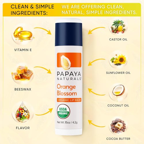 Papaya Naturals Organic Lip Balm Set - 6 Pack of Moisturizing Beeswax & Cocoa Butter in Assorted Flavors