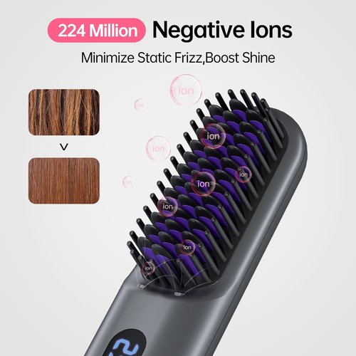 Skiennix Cordless Hair Straightener Brush - Portable Comb with 9600mAh Battery, Plasma Tech, 9 Temp Settings | Grey