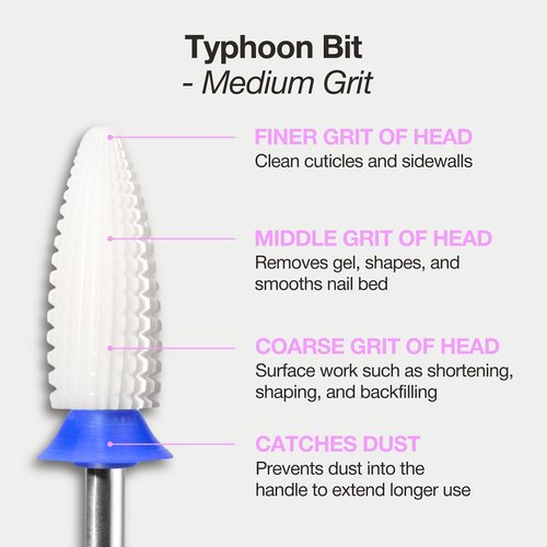 Curacoro Ceramic Nail Drill Bit 3/32" - Typhoon Bit, 2 Way (Medium), Spiral Flute Design for Fast, Controlled Filing, Efficient Product Reduction & Smooth Shaping, Salon & Home Use