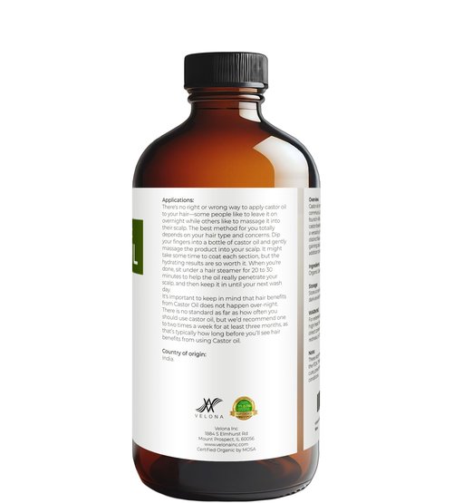 velona USDA Certified Organic Castor Oil – 16 fl oz in Glass Bottle | Cold-Pressed, Hexane-Free, USP Grade | Promotes Hair Growth, Eyelash & Eyebrow Enhancement | Bottled in USA
