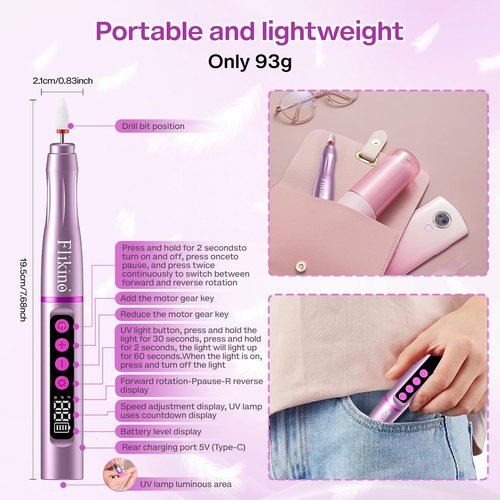 Flikino Cordless Nail Drill with UV NailLamp – 2-in-1 Rechargeable Electric Nail File & Flash Curing Lamp, 35000 RPM for Gel, Acrylic, Dip Powder Nails (Rose Gold)