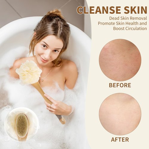 DEBETOOL Shower Loofah with Handle - Wooden Long Handle Shower Body Brush with Loofah for Exfoliating, Natural Loofah Back Scrubber for Women and Men