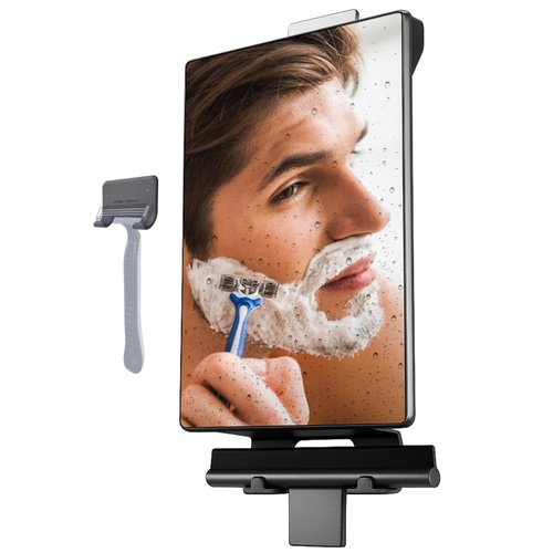 HONEYBULL Fogless Shower Mirror for Shaving – Anti Fog Mirror for Shower with Water Tank, Adhesive Hook Mount, Bonus Razor Holder & Squeegee – for Men and Women, Small Bathroom Accessory (Black)
