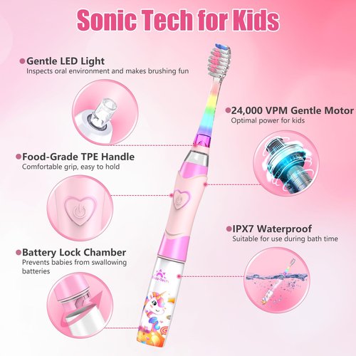 Kids Electric Toothbrush Toddler Toothbrush Age 2-4-8-12 Electric Toothbrush Kids with Timer Rainbow LED Light Up Vibrating Toothbrush Battery Operated Childrens Girls Sonic Tooth Brush (Pink Unicorn)