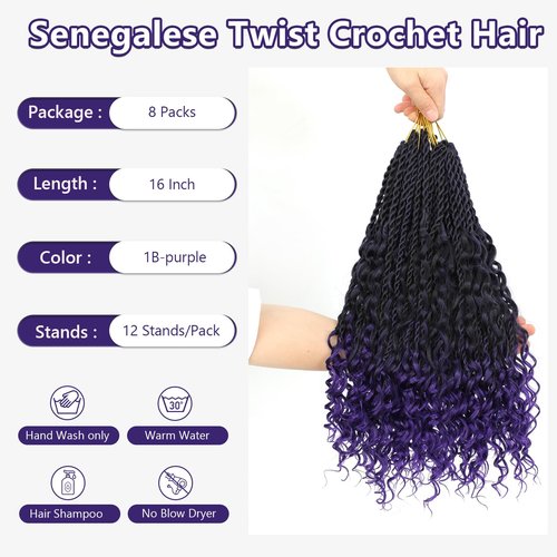 Senegalese Twist Crochet Hair with Curly Ends - 16 Inch Boho Island Twist Crochet Hair 8 Packs Goddess Boho Box Braids Crochet Hair Pre Looped Crochet Hair(16(8Packs), 1B/Purple)