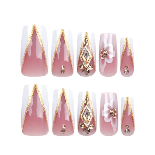QQPPOLIU Nail Press Ons - French, Nude, Flower & Rhinestone Designs - Long, Medium, Coffin, Square, 3D, Glitter, Fake Nails - 24pcs