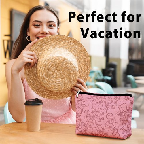 LIANGW Pink Nurse Floral Makeup Bag, Nurse Gifts for Women Cosmetic Bag, Gifts for Nurses Female Women, Nursing Flower Small Toiletry Bags Zipper Makeup Pouch