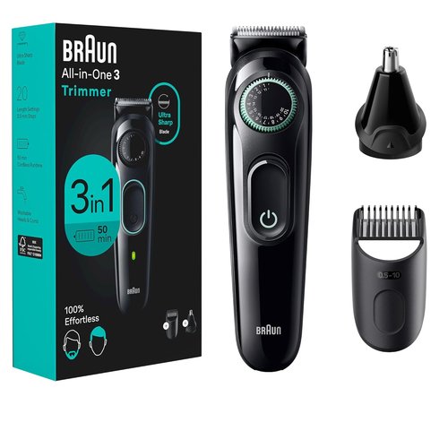 Braun All-in-One Style Kit Series 3 3430 - 3-in-1 Trimmer for Men with Beard, Ear & Nose Trimmer | 20 Length Settings, Washable