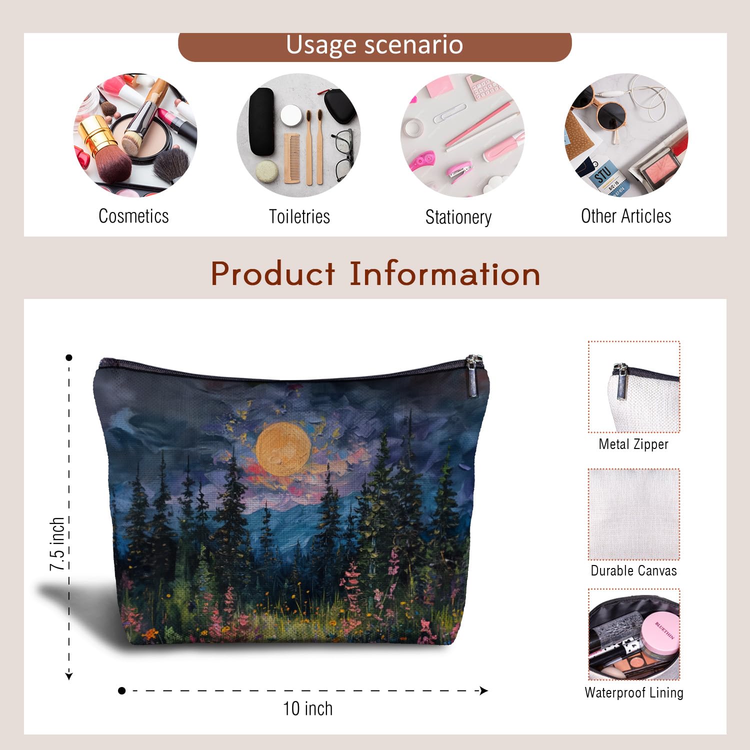 Zomhix Watercolor Full Moon Above the Wildflowers Makeup bag, Cottagecore Accessories Cosmetic Bag, Cottagecore Gifts, Mystical Under Cold Moons Scenic Cosmetic Bag Toiletry Bag