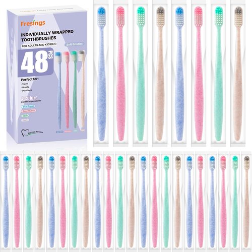 Fresings 48-Pack Disposable Toothbrushes Individually Wrapped, Soft PBT Bristle Bulk Portable Travel Toothbrushes for Adults & Kids, Guest Bathroom, Hotel, Camping, Donation - 4 Gemstone Colors