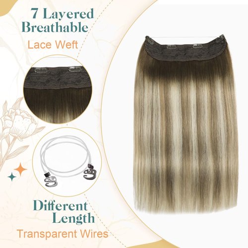 Sindra Wire Hair Extensions Real Human Hair 3/8/22 Balayage Walnut Brown to Light Brown With Blonde Invisible Wire Hair Extensions Transparent 14inch 70g Seamless Fish Line Hairpiece for Women