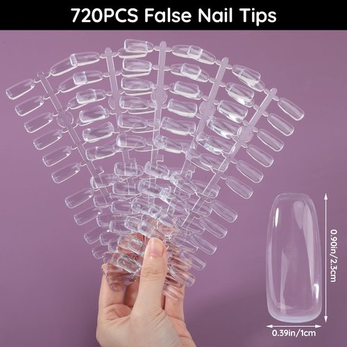 Segbeauty 720pcs Clear False Nail Tips, Flat Square Fake Nail Art Tips for Nail Color Display Book, Professional Practice False Nail Art Tips for Nail Polish Color Swatches Organizing Display Board