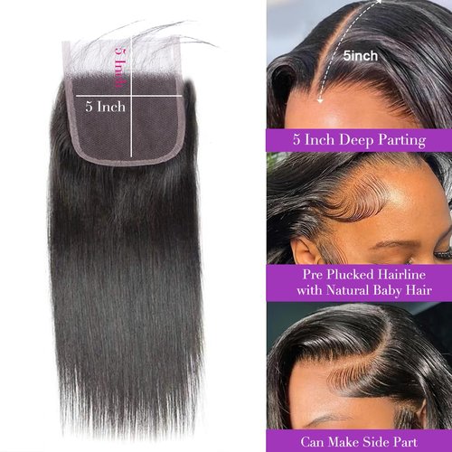 5x5 Closure Straight Hd Lace Closure Brazilian Virgin Human Hair Pre Plucked with Baby Hair Natural Hairline Black Color 18 Inch
