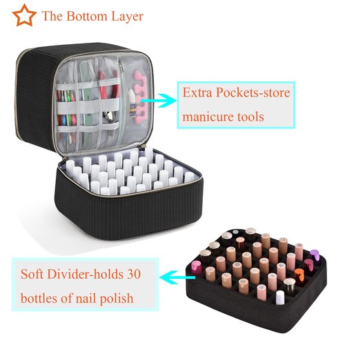 Corduroy Nail Polish Organizer and Nail Lamp Case, Nail Kit Organizer Holds 30 Bottles (15ml - 0.5 fl.oz) and a Nail Lamp, Nail Polish Carrying Case with Manicure Tools Storage Sections (Black)