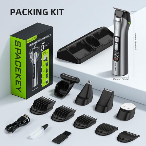 Beard Trimmer for Men, 15 Pieces Mens Grooming Kit, 5 in 1 Stainless Steel Blade Cordless Hair Clippers, 150-Min Long Runtime, IPX7 Waterproof, 3 Speeds Body Hair Trimmer for Nose, Ear, Face, Chest