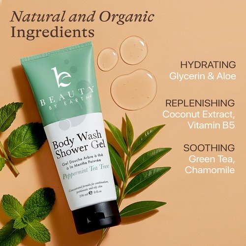 Beauty by Earth Peppermint Tea Tree Oil Shower Gel - Organic Moisturizing Body Wash for Men & Women