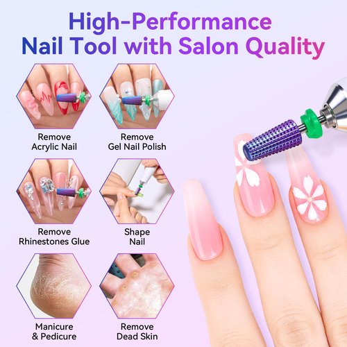 Makartt 5-in-1 Nail Drill Bits - 3/32" Shank Tungsten Carbide Tapered Bit for Fast Removal of Acrylic Nails, Hard Gel & Cuticles, Professional Nail E-File Bits for Nail Drill Machines (Fine, Purple）