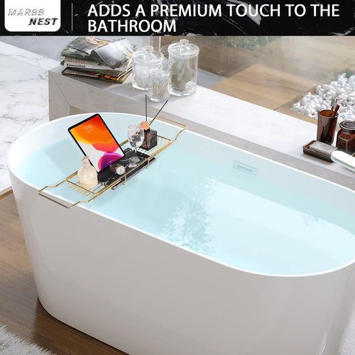 MARBBNEST Bathtub Tray Caddy for Luxury Bath Expandable Extra Wide Bath Tub Tray with Natural Marble Tray and Mobile/Tablet Stand, Ideal for Home Spa Lovers (Gold + Black)