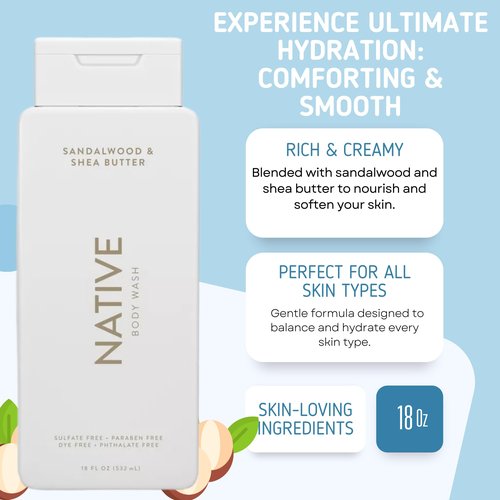 Native Body Wash, 2 Pack - Sandelwood and Shea Butter & Sea Salt and Cedar 18oz Clean Body Cleanser, Sulfate-Free, Paraben-Free Formula for All Skin Types