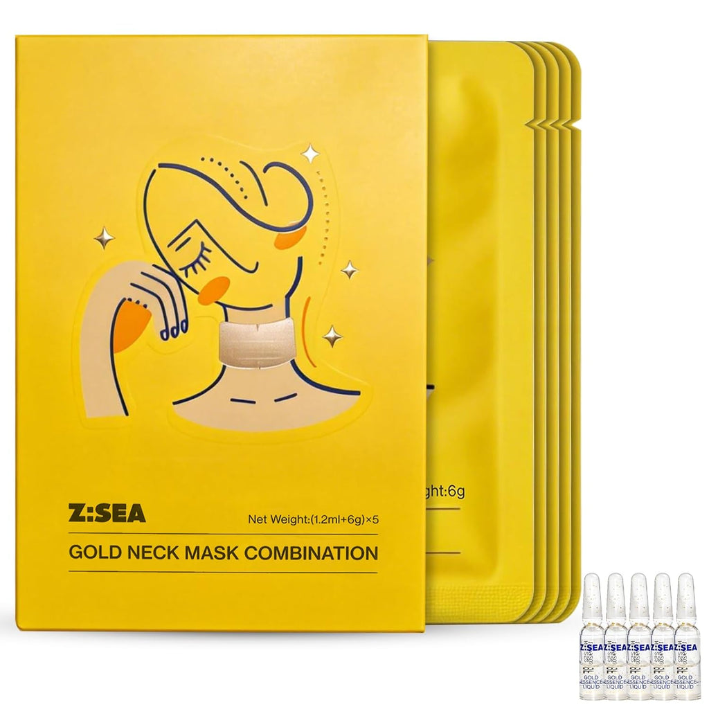 Z:SEA Collagen Cream Neck Mask & 98% Real Gold Serum Set - 2-Step Anti-Aging Solution for Crepey Skin | Firming, Lifting, Hydrating, 5Ct