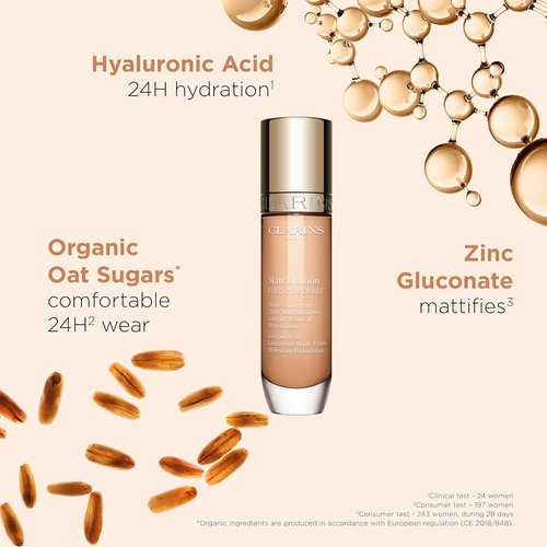 Clarins Skin Illusion Foundation - Longwear Full Coverage with Luminous Matte Finish | 24H Hydration & Transfer Proof | 1 Fl Oz