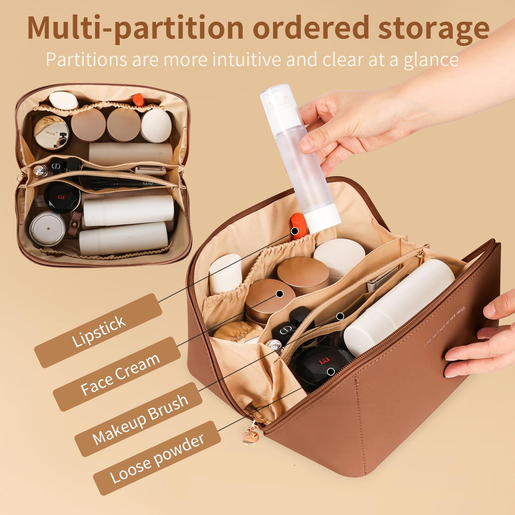 zaleeta Travel Makeup Bag, Large Capacity Cosmetic Organizer Bags for Women, Waterproof PU Leather Toiletry Bags, Wide Open Flat Makeup Case with Divider and Handle