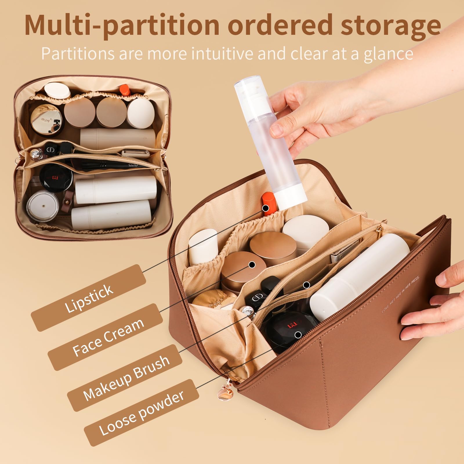 zaleeta Travel Makeup Bag, Large Capacity Cosmetic Organizer Bags for Women, Waterproof PU Leather Toiletry Bags, Wide Open Flat Makeup Case with Divider and Handle