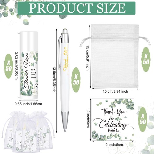 Heigble 50 Set Wedding Thank You Gifts, Thank You Lip Balm Bulk Retractable Ballpoint Pen Appreciation Card Organza Drawstring Gift Bag Bridal Shower Gift for Guest Wedding Party(Eucalyptus Leaf)